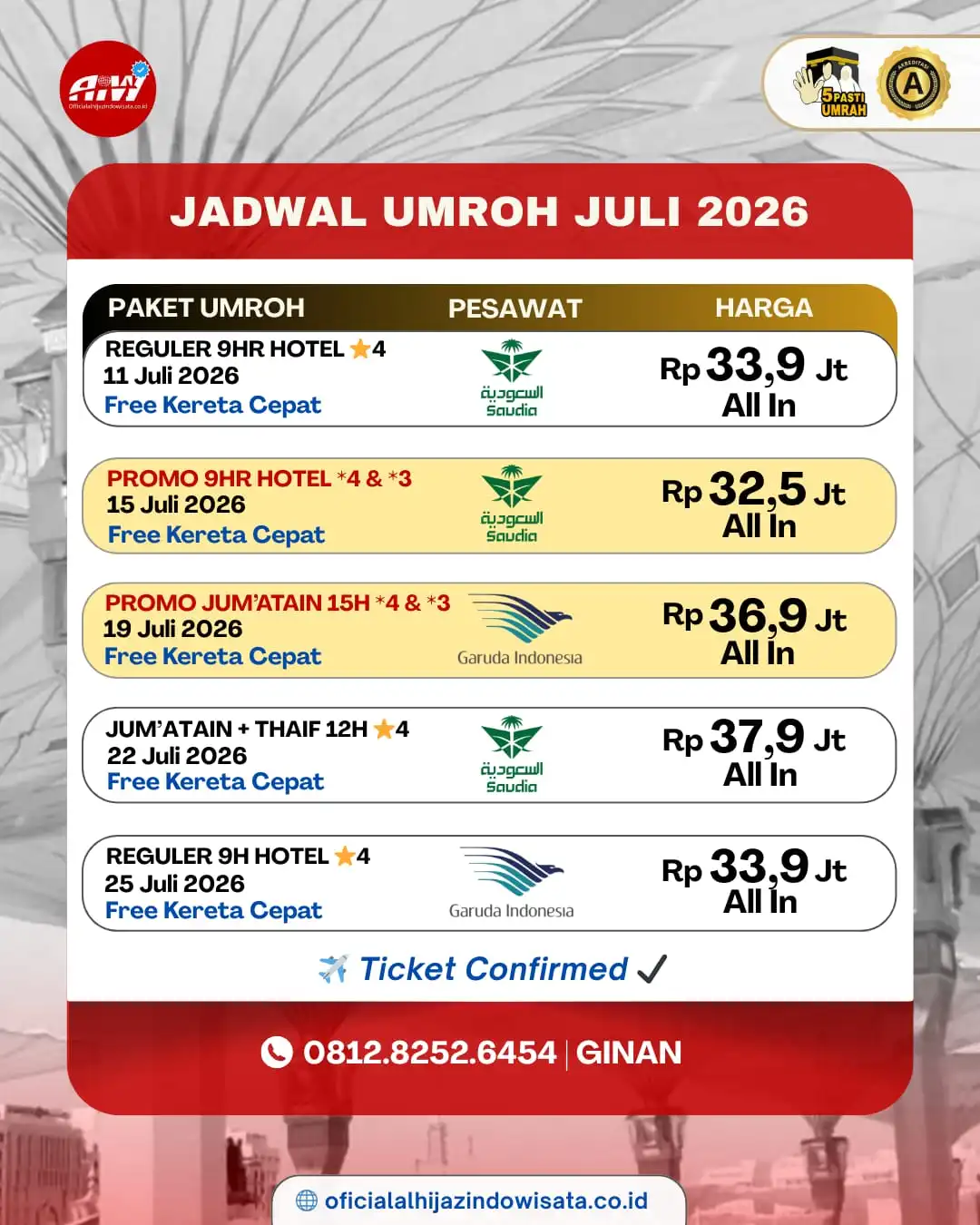 paket umroh juli 2026 alhijaz by Saudia dan Garuda